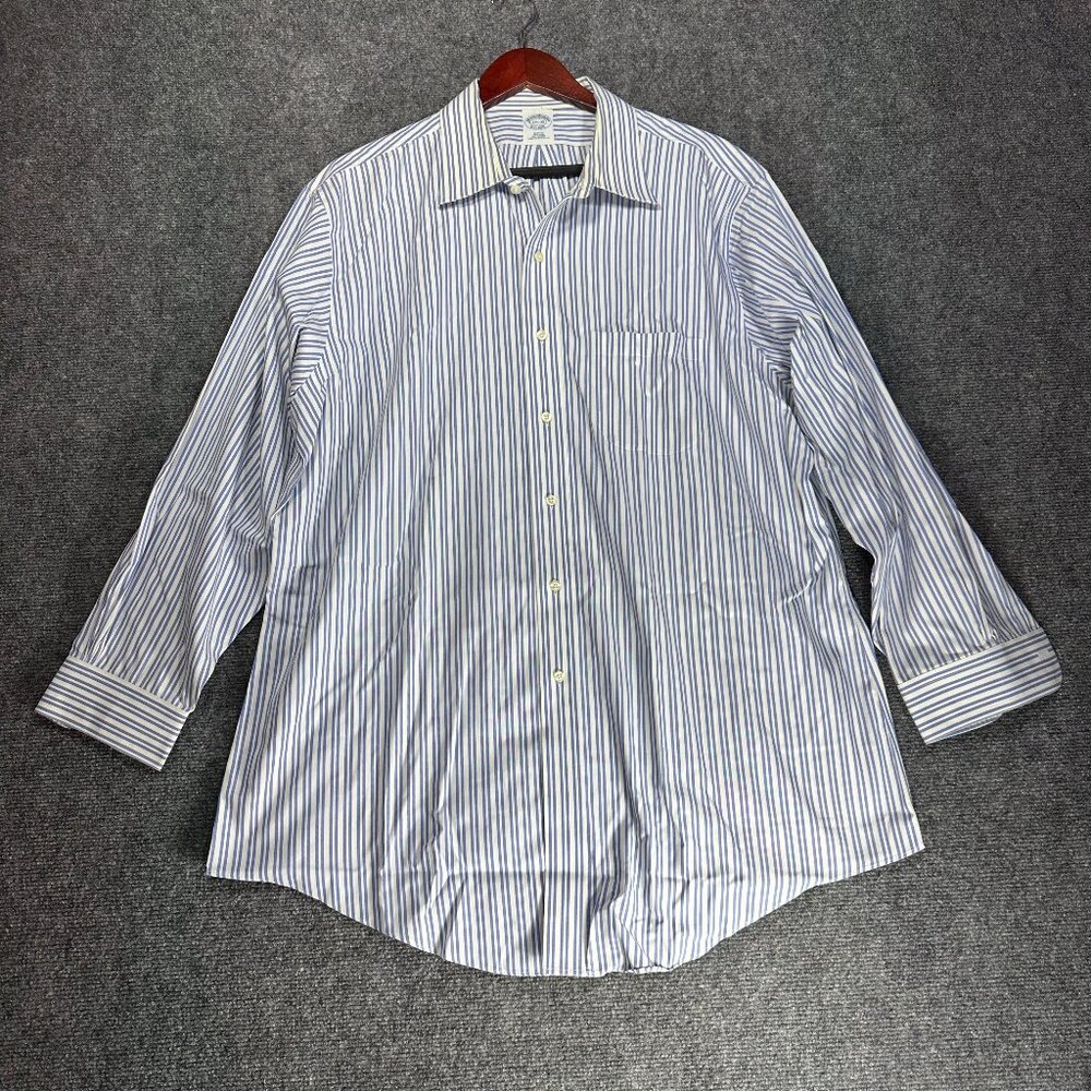 Brooks Brothers Shirt Mens 17.5 Slim Fit Non Iron Blue White Stripe Cotton Pocke